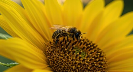 A bee collects nectar from a sunflower