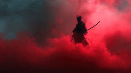 Silhouette warrior in red fog