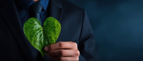 The Businessman Holding a Heart-Shaped Leaf Symbolizing Environmental Love