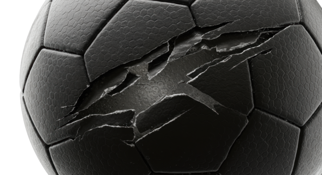 Macro of a premium soccer ball with a dynamic tear revealing fabric layers and deflated bladder, on transparent background with sharp studio light, concept of engineered resilience