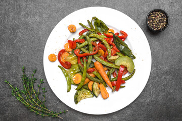 Plate of stir fry vegetables, top view