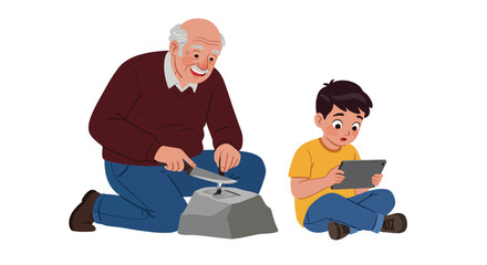 Grandfather teaching tradition alongside grandson engrossed in technology