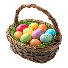 Easter Basket with Colorful Decorated Eggs on transparent background