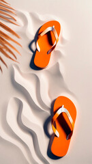 Bright orange flip flops resting on sandy beach background