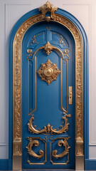 Beautiful blue and gold ornate door in a classic interior design setting
