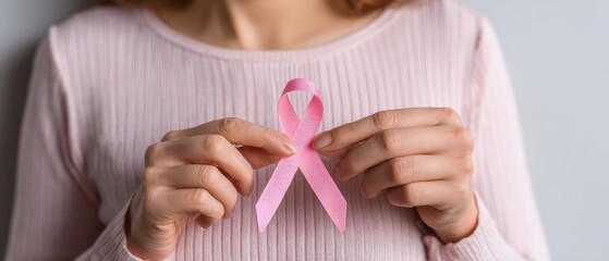 The woman holding a pink ribbon symbolizing breast cancer awareness and support.