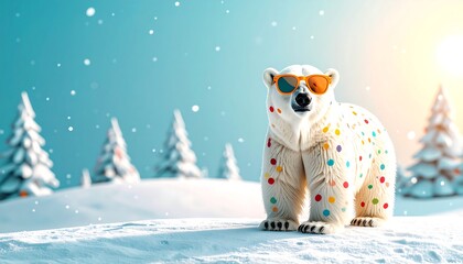 Polar bear in sunglasses, snowy landscape