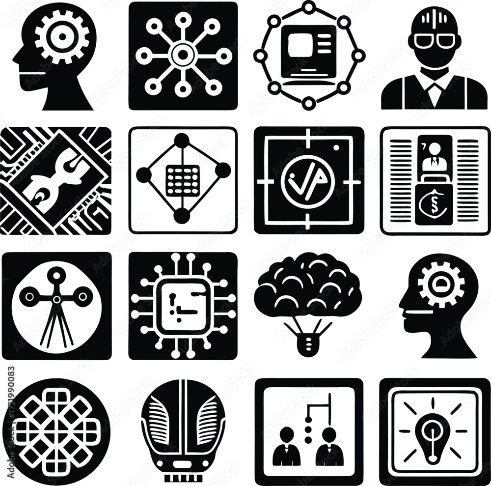 Poster digital technology icons set brain gear circuit chip human head machine interface ideas network cogw