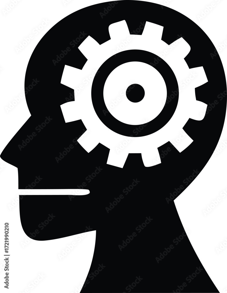 Aufkleber human head silhouette with gear inside symbolizing thought process innovation problem solving and co