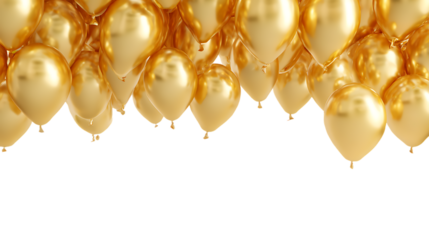 A large cluster of golden balloons isolated on transparent background