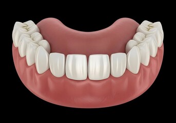 Fototapeta premium A close up view of a set of white teeth in a pink gum line against a black background illustration