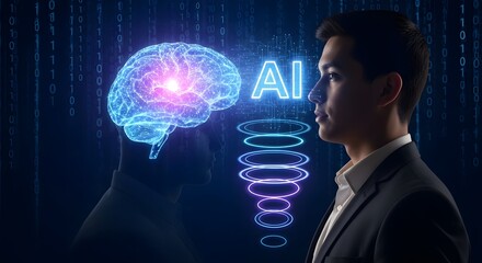 A man in a suit stands beside a glowing brain and the ai letters on a binary code background