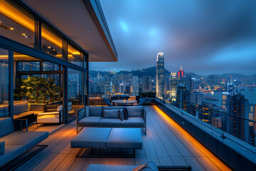Stylish Rooftop Bar with Minimalist Design and Night Ambience