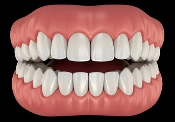 Obraz premium A close up view of a set of teeth with pink gums against a black colored background and good lighting