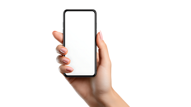 Womans hand holding a smartphone with blank screen isolated on transparent background