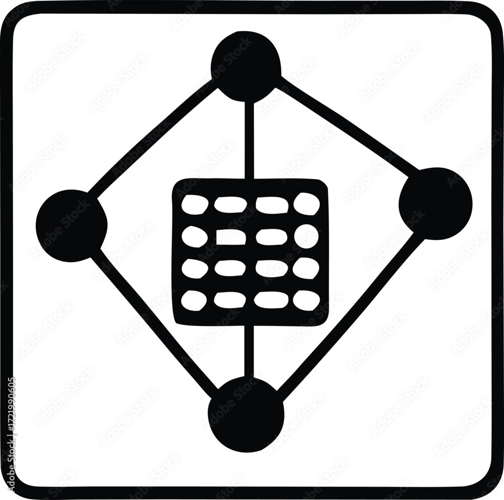 Poster abstract geometric network diagram with connected nodes and central grid element symbolizing data pr
