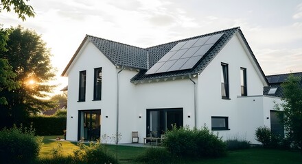 Modern Eco House with Solar Panels in Sunny Garden Setting, Sustainable Home Design, Energy Efficient Living