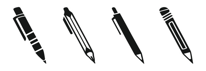 A modern vector icon set featuring pens, pencils, and markers, suitable for writing and drawing designs. 