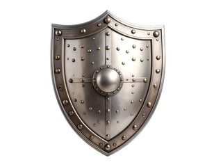 A detailed metallic shield featuring rivets and a central boss, symbolizing protection and historical warfare.