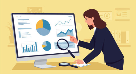 Professional woman analyzing financial data on a large computer screen display