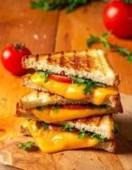 Stacked grilled cheese sandwich with melted cheese, tomatoes, and arugula on a wooden board