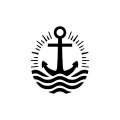 Anchor surrounded by ocean waves and sun rays, symbolizing stability, hope, resilience, and maritime tradition.