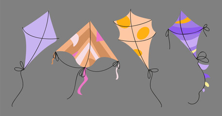 Set of vector hand drawn kites in doodle style.