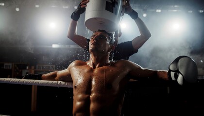 A Muscular Boxer Leaning on the Ropes, Getting Iced Down by His Coach
