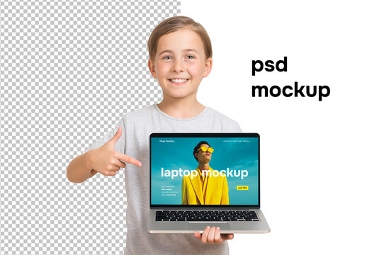 Mockup of isolated boy on white, pointing at laptop screen