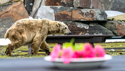 Polar bear walking by a picnic table