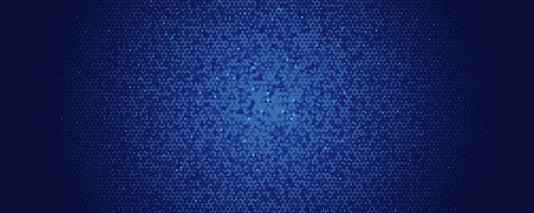 Blue triangular halftone burst, center glow, tech pulse. Topics technology, data, cybersecurity. Use background, banner, website header, presentation. Geometric minimal style. Vector illustration.