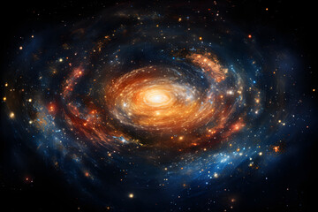 Vibrant spiral galaxy with glowing core and star clusters