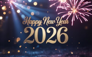 Golden happy new year 2026 text with fireworks and bokeh lights celebration