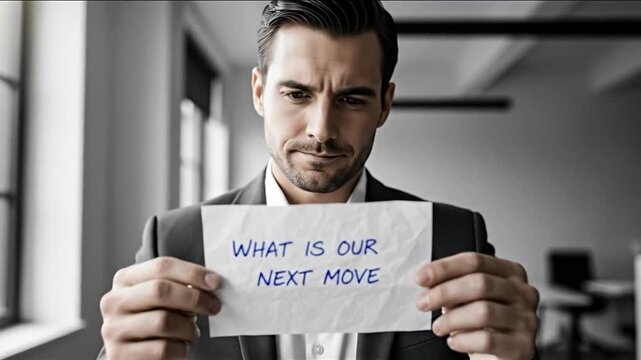 Businessman Contemplating Future Plans Holding Note Asking What Is Our Next Move in Office