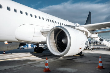 Fototapeta premium Aircraft engine close-up showcasing intricate details and powerful design, positioned on tarmac with safety cones, highlighting aviation technology and engineering excellence