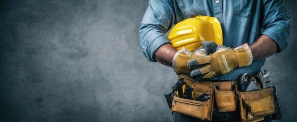 The Construction Worker Holding a Yellow Hard Hat and Tool Belt