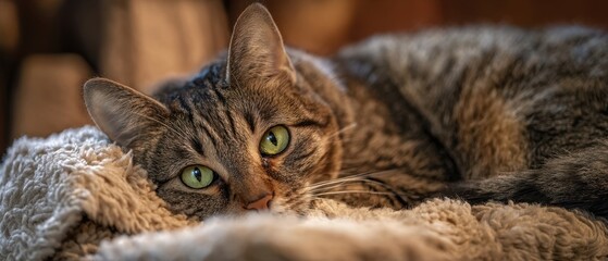 The adorable cat relaxing on a soft blanket in warm light.
