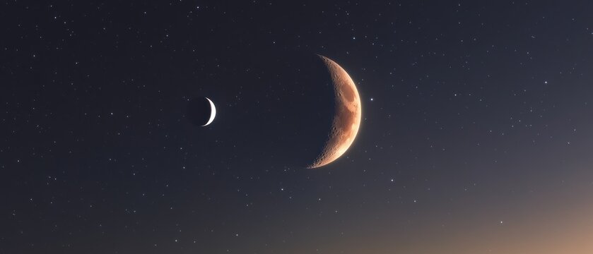 Crescent and gibbous moon phases in starry night sky