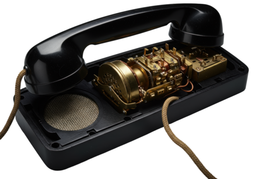 Extreme macro of a deconstructed vintage black Bakelite phone receiver, intricate copper wiring, brass contacts exposed, on a transparent background, low angle cinematic lighting, industrial art