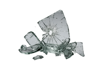 Extreme macro of razor-sharp, transparent broken glass shards with intricate fracture patterns, suspended on a transparent studio background with high-contrast lighting, concept of dangerous fragility