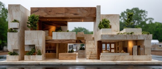 Highly detailed digital model showcasing a tropical-style house with a rooftop garden, glass water feature, and decorative wooden base