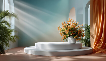 Modern white round podium with orange flower bouquet, soft sunlight beams, green plants, and warm curtain in elegant interior