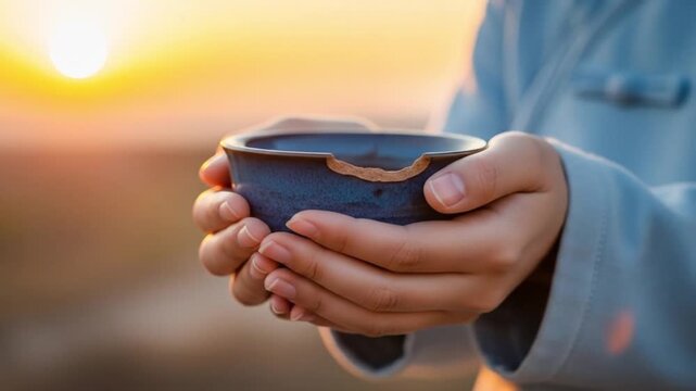 Hands gently hold a dark blue ceramic bowl with a chipped rim set against a blurry backdrop of a bright glowing sun and warm sky