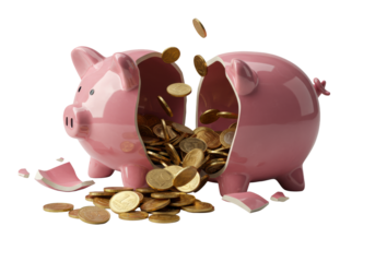 Extreme macro close-up of a vibrant pink ceramic piggy bank dramatically shattering, gold and silver coins explosively spilling out onto a clean transparent studio background, concept of sudden