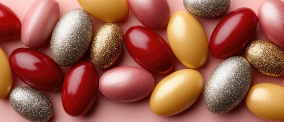 A striking arrangement of colorful pills with a standout pink one at the center, creating an elegant and eye-catching visual