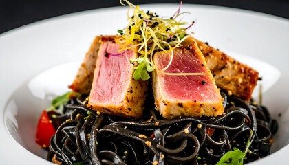 Fresh tuna sashimi over black pasta