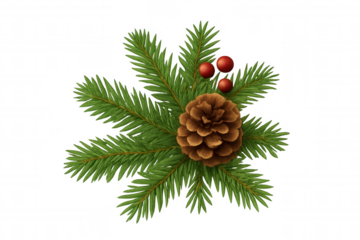 Christmas winter holiday decoration featuring fir tree branches, pine cone, and red berries on transparent background