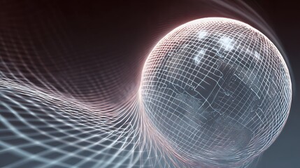 High quality image of abstract digital sphere with glowing grid and data flow in futuristic style.