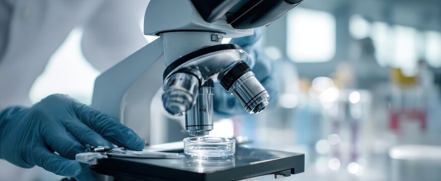 The Microscope in a Laboratory with Gloved Hand and Petri Dish Close-Up