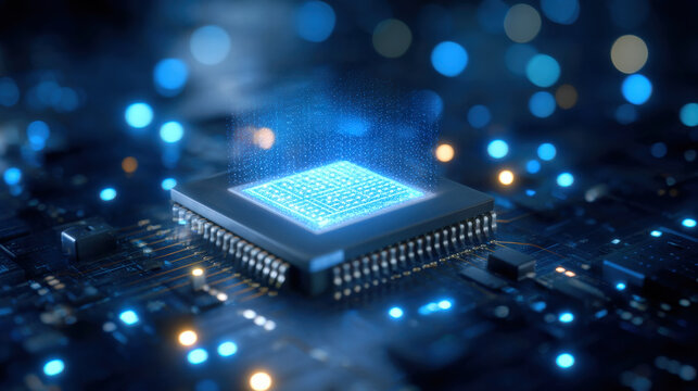 Detailed macro shot of microprocessor on circuit board, showcasing glowing blue lights and intricate electronic components. image conveys sense of advanced technology and innovation